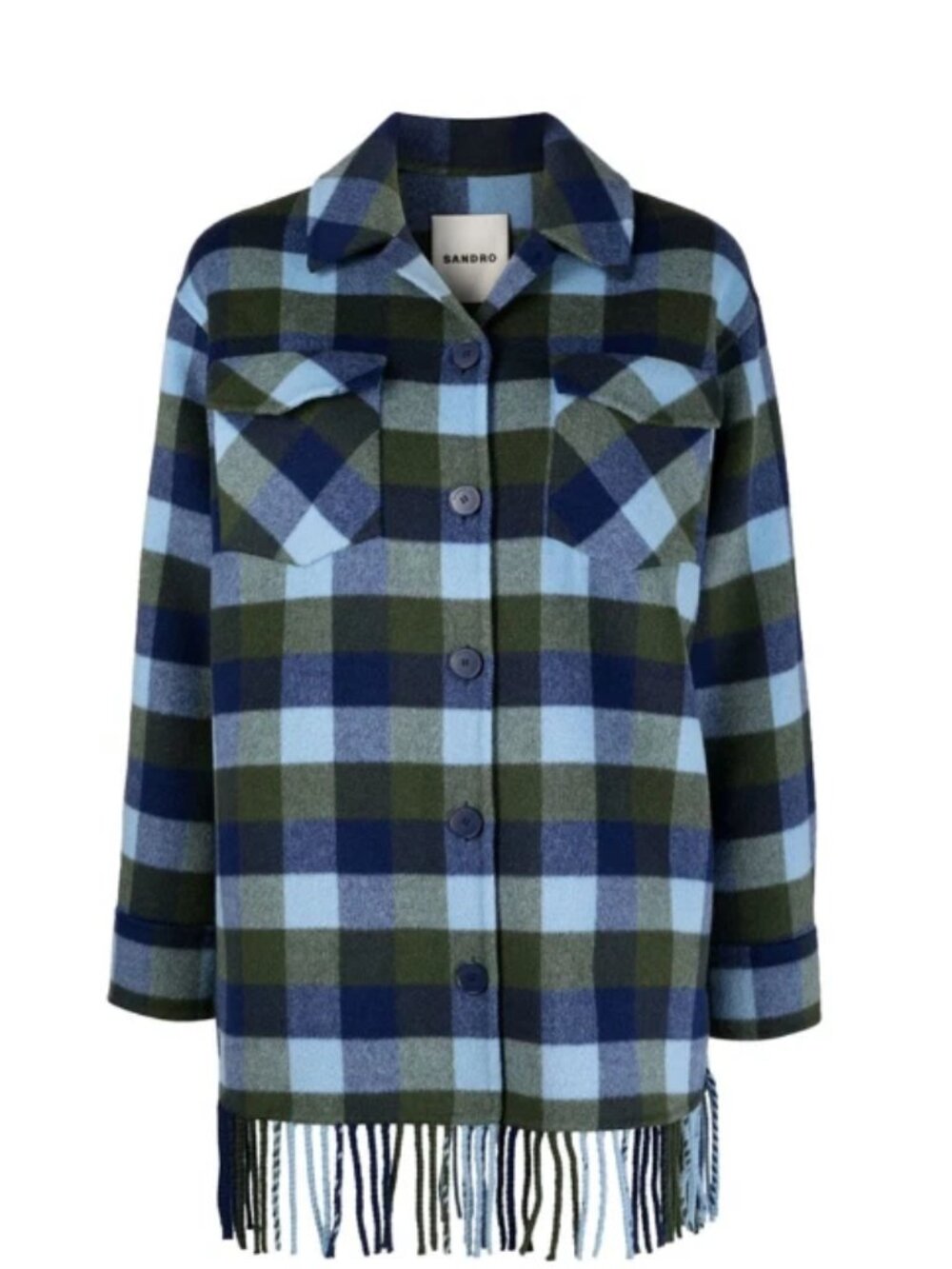 NEW Sandro Claira Checked Fringed Coat in Blue Jean Size 42 #SJ127